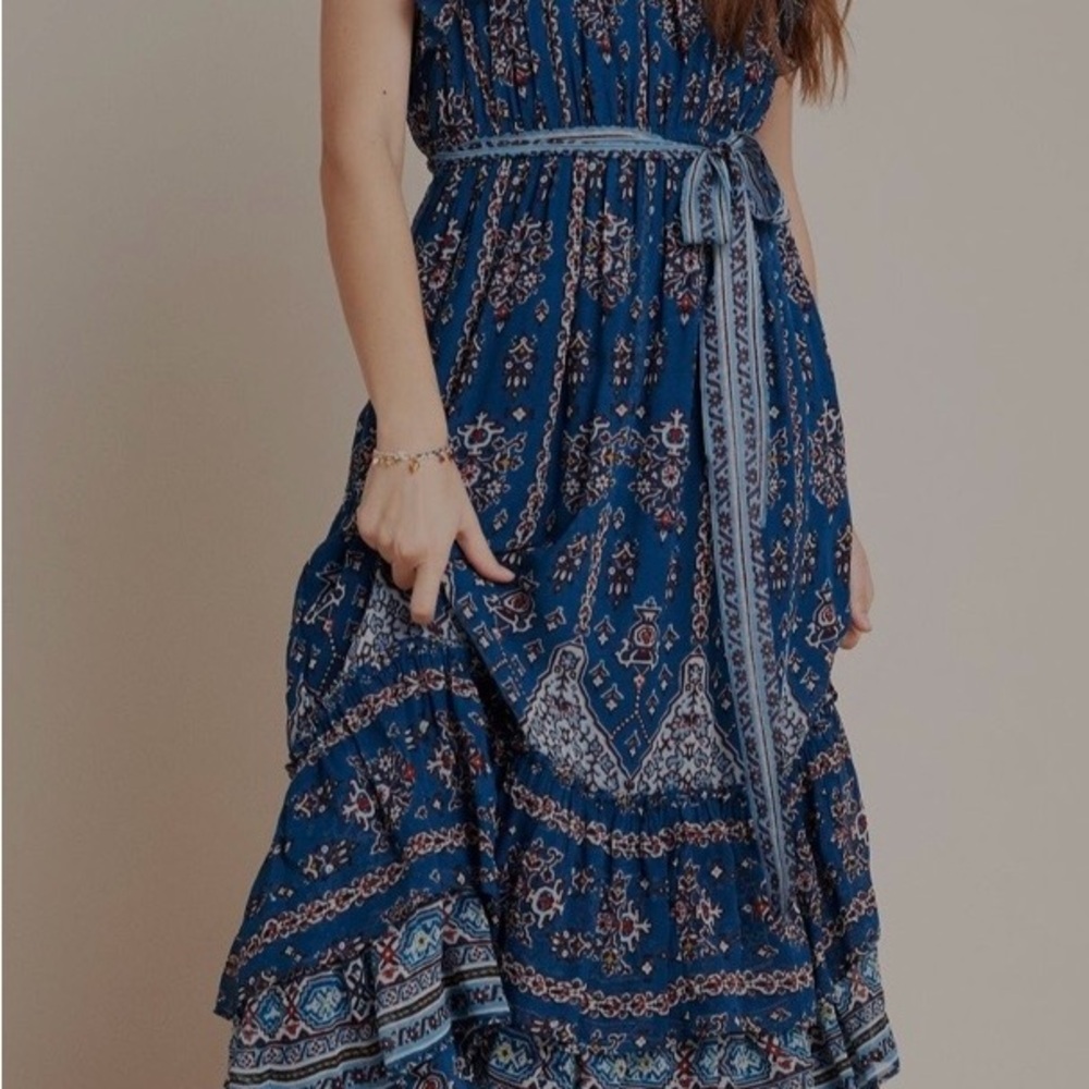 Anthropologie 1X Blue Boho Maxi Dress Tiered Ruffle Sleeveless Belted